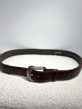 Wrangler Genuine Leather Western Belt Braided Brown Tooled Silver Buckle Size 44